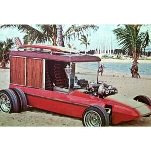 Hot Rod Car Postcard Surf Woody Beatnik Barris 1965 Original ATM Groovy Mod AMT